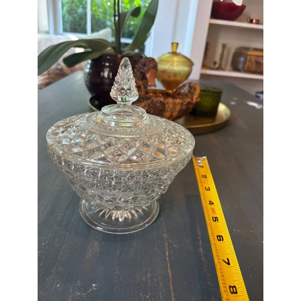 Vintage Clear Pressed Glass Candy Dish with Lid Diamond Point Pedestal Compote
